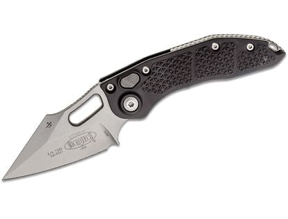 Microtech/Borka Blades 169-10 AUTO Stitch Folding Knife 3.625" Stonewashed Spear Point Blade, Black Aluminum Handles