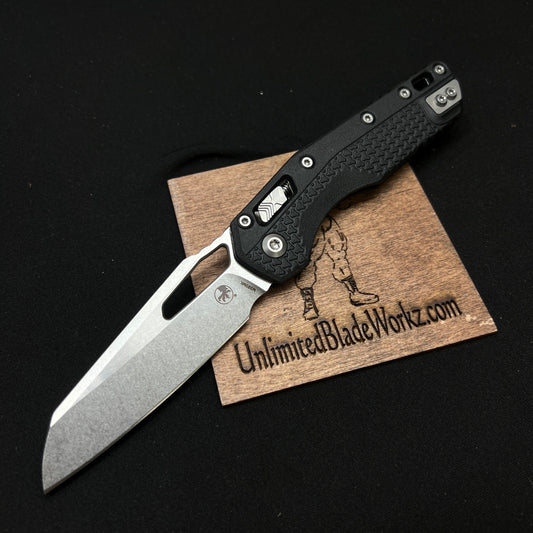 Microtech MSI RAM-LOK Manual Folding Knife 3.88" Bohler M390MK Stonewashed Modified Sheepsfoot Plain Blade, Black Injection Molded Polymer Handles, AXIS/Crossbar Lock - 210T-10PMBK