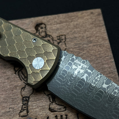 Pro-Tech Les George SBR Custom Blue Bronze Anodized Double Feather Textured Titanium Vegas Forge Spirograph Damascus Blade 2023-SBR-005