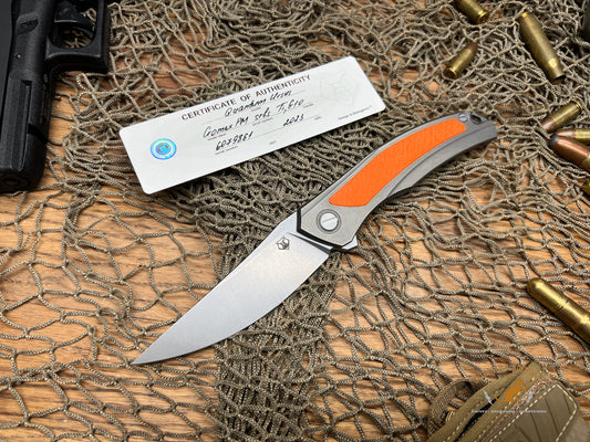 Shirogorov Quantum Ursus NL Flipper Knife 3.8" Cromax PM Drop Point Blade, Milled Titanium