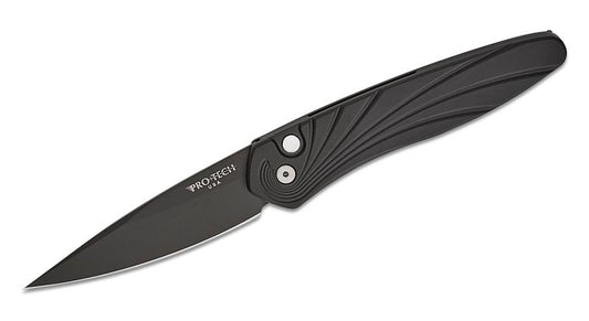 Pro-Tech 3437 Newport AUTO Folding Knife 3" S35VN Black DLC Plain Blade, Black Wave Patterned Aluminum Handles with Mother of Pearl Button