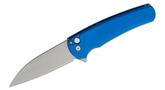 Pro-Tech 5301 Malibu Manual Flipper Knife 3.30" CPM-MagnaCut Stonewashed Wharncliffe Blade, Blue Aluminum Handles , Button Lock - 5301-Blue