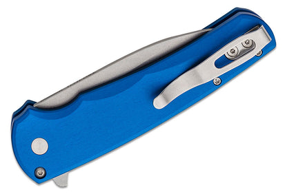 Pro-Tech 5301 Malibu Manual Flipper Knife 3.30" CPM-MagnaCut Stonewashed Wharncliffe Blade, Blue Aluminum Handles , Button Lock - 5301-Blue