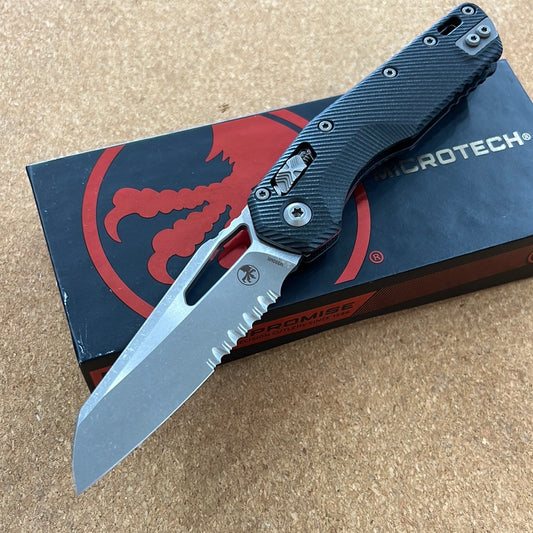 MICROTECH KNIVES- M.S.I. RAM-LOK FOLDER- FLUTED BLACK G-10 HANDLE- APOCALYPTIC PART SERRATED EDGE BLADE 210-11 APFLGTBK