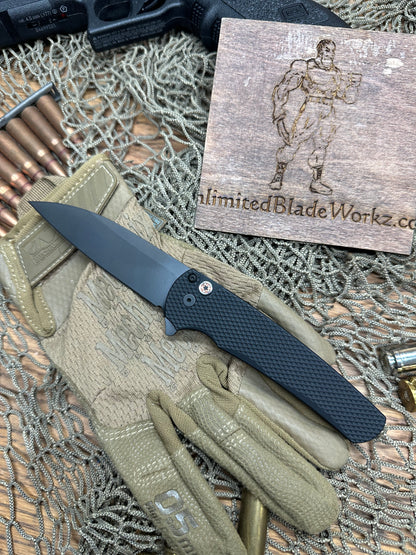 Pro-Tech Blade Show 2023 Special Malibu Manual Flipper Knife 3.30" CPM-20CV DLC Wharncliffe Blade, Black Textured Aluminum Handles