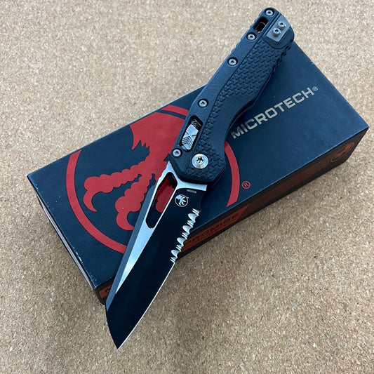 M.S.I. RAM-LOK FOLDER- BLACK TRI-GRIP INJECTION MOLDED HANDLE- BLACK PART SERRATED EDGE BLADE- BEAD BLAST HARDWARE 210T-2 PMBK