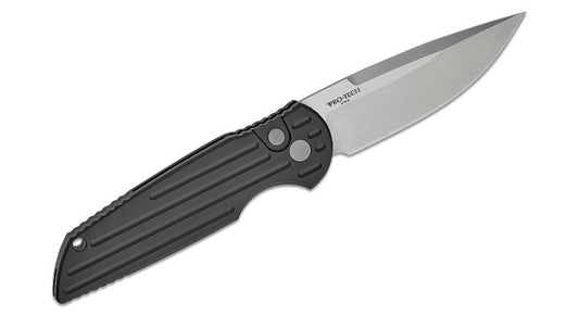 Pro-Tech TR-3L-1 Left Handed Tactical Response III AUTO Folding Knife 3.375" 154CM Stonewashed Plain Blade, Black Milled Aluminum Handles