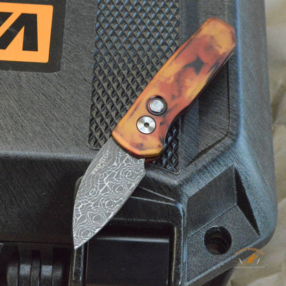 Protech Runt 5 Damascus Del Fuego Handle Wharncliffe