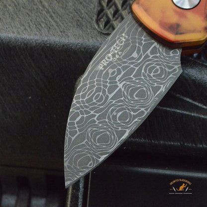 Protech Runt 5 Damascus Del Fuego Handle Wharncliffe