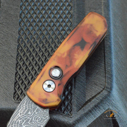 Protech Runt 5 Damascus Del Fuego Handle Wharncliffe