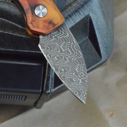 Protech Runt 5 Damascus Del Fuego Handle Wharncliffe