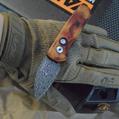 Protech Runt 5 Damascus Del Fuego Handle Wharncliffe