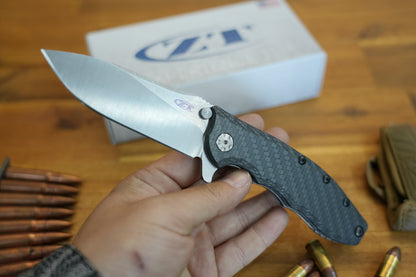 Zero Tolerance Hinderer 0562CF Flipper 3.5" CPM-20CV Satin/Stonewashed Plain Blade, Carbon Fiber with Titanium Back Handle