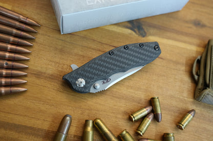 Zero Tolerance Hinderer 0562CF Flipper 3.5" CPM-20CV Satin/Stonewashed Plain Blade, Carbon Fiber with Titanium Back Handle