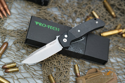 Pro-Tech Bob Terzuola ATCF AUTO Folding Knife 3.5" MagnaCut Stonewashed Drop Point Blade, Black Aluminum Handles with Textured Black G10 Inlays, Mother of Pearl Button - BT2704