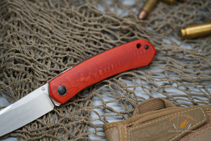 North Mountain Blade Jellyfish Hand Brushed M390 Steel German JUMA Red Dragon Scale Handle