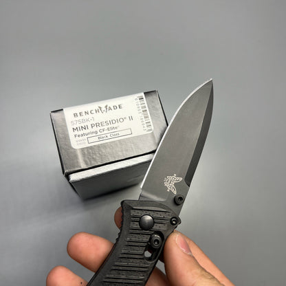 Benchmade Mini Presidio II Folding Knife 3.20" S30V Black Cerakote Plain Blade, Milled Black CF-Elite Handles - 575BK-1