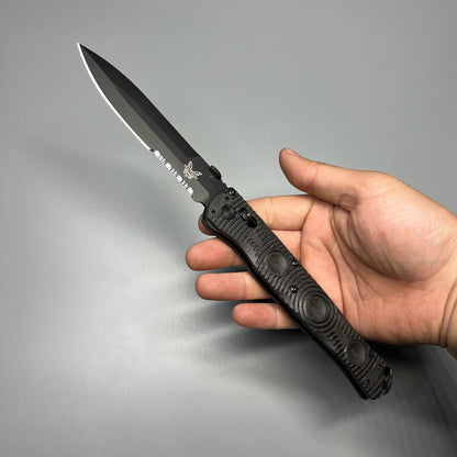 Benchmade Greg Thompson SOCP Folding Knife 4.47" D2 Black Cerakote Spear Point Combo Blade, Black CF-Elite Handles, Carbide Glass Breaker - 391SBK