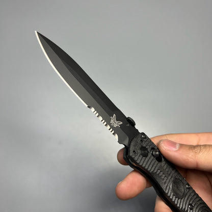 Benchmade Greg Thompson SOCP Folding Knife 4.47" D2 Black Cerakote Spear Point Combo Blade, Black CF-Elite Handles, Carbide Glass Breaker - 391SBK