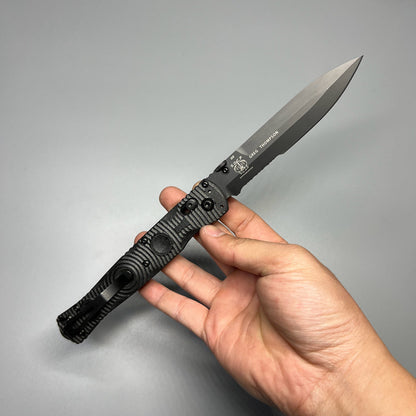 Benchmade Greg Thompson SOCP Folding Knife 4.47" D2 Black Cerakote Spear Point Combo Blade, Black CF-Elite Handles, Carbide Glass Breaker - 391SBK