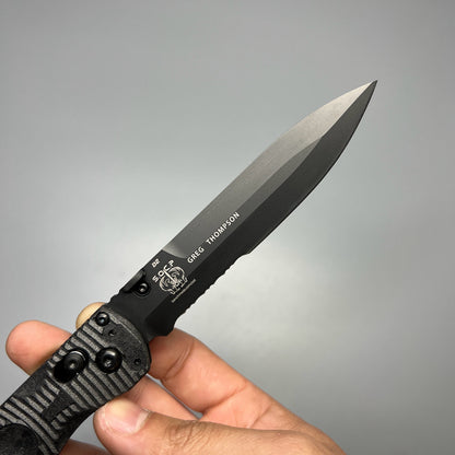 Benchmade Greg Thompson SOCP Folding Knife 4.47" D2 Black Cerakote Spear Point Combo Blade, Black CF-Elite Handles, Carbide Glass Breaker - 391SBK