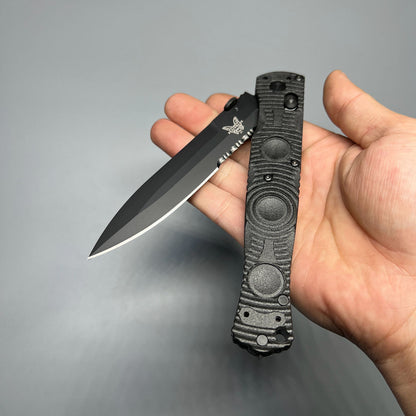 Benchmade Greg Thompson SOCP Folding Knife 4.47" D2 Black Cerakote Spear Point Combo Blade, Black CF-Elite Handles, Carbide Glass Breaker - 391SBK