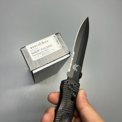 Benchmade Greg Thompson SOCP Folding Knife 4.47" D2 Black Cerakote Spear Point Combo Blade, Black CF-Elite Handles, Carbide Glass Breaker - 391SBK