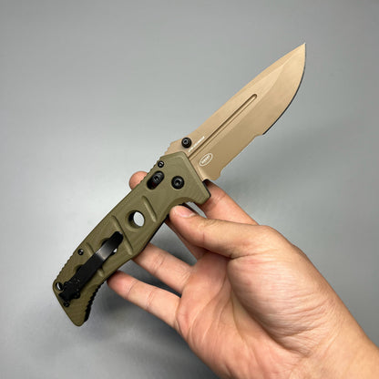 Benchmade 275SFE-2 Shane Sibert Adamas Folding Knife 3.78" CruWear Flat Dark Earth Combo Blade, OD Green G10 Handles, Ballistic Nylon Sheath