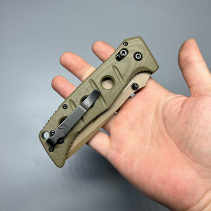 Benchmade 275SFE-2 Shane Sibert Adamas Folding Knife 3.78" CruWear Flat Dark Earth Combo Blade, OD Green G10 Handles, Ballistic Nylon Sheath