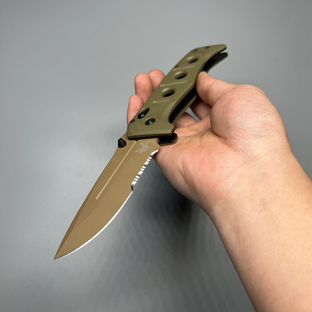 Benchmade 275SFE-2 Shane Sibert Adamas Folding Knife 3.78" CruWear Flat Dark Earth Combo Blade, OD Green G10 Handles, Ballistic Nylon Sheath