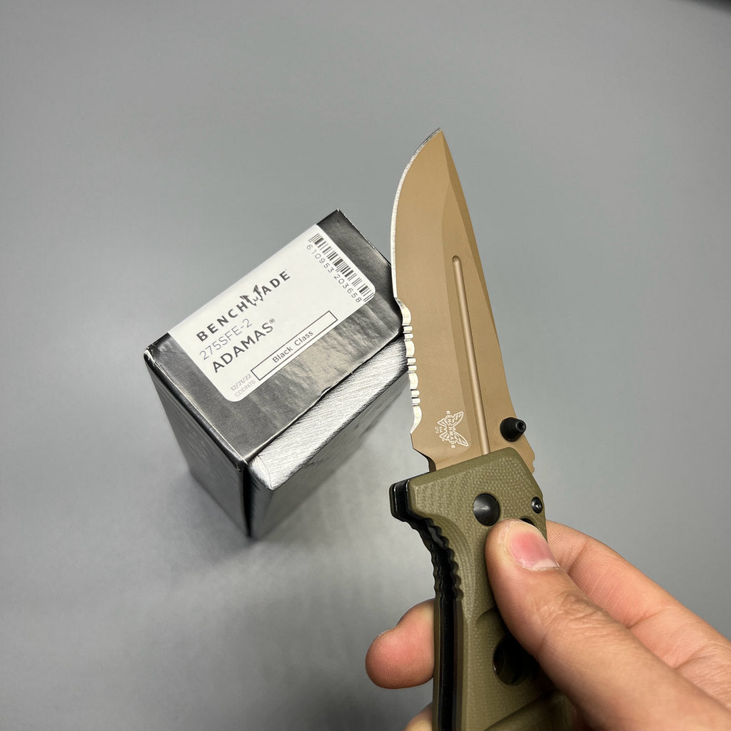 Benchmade 275SFE-2 Shane Sibert Adamas Folding Knife 3.78" CruWear Flat Dark Earth Combo Blade, OD Green G10 Handles, Ballistic Nylon Sheath