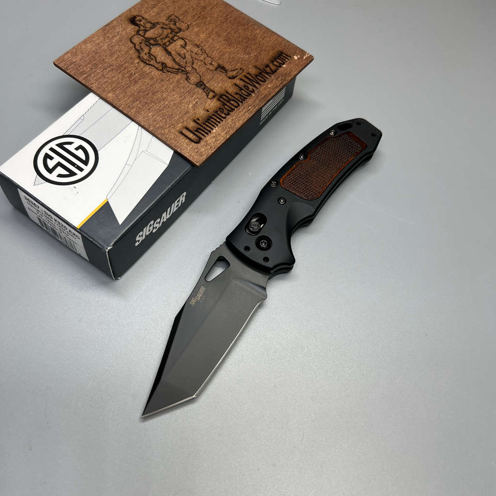 SIG Sauer by Hogue K320 AXG Pro Folding Knife 3.5" S30V Black Cerakote Tanto Blade, Black Aluminum Handles Walnut Wood Inserts 36367