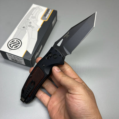 SIG Sauer by Hogue K320 AXG Pro Folding Knife 3.5" S30V Black Cerakote Tanto Blade, Black Aluminum Handles Walnut Wood Inserts 36367