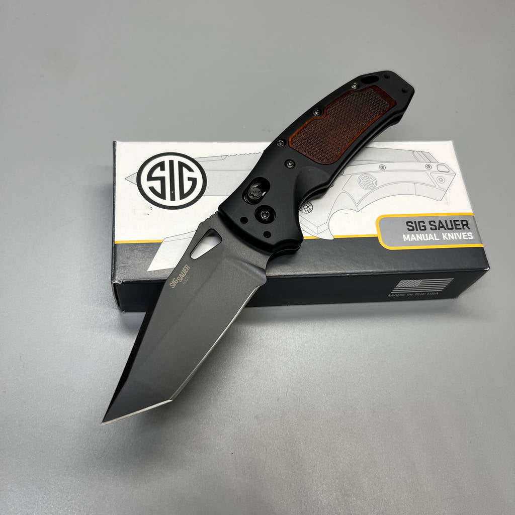 SIG Sauer by Hogue K320 AXG Pro Folding Knife 3.5" S30V Black Cerakote Tanto Blade, Black Aluminum Handles Walnut Wood Inserts 36367