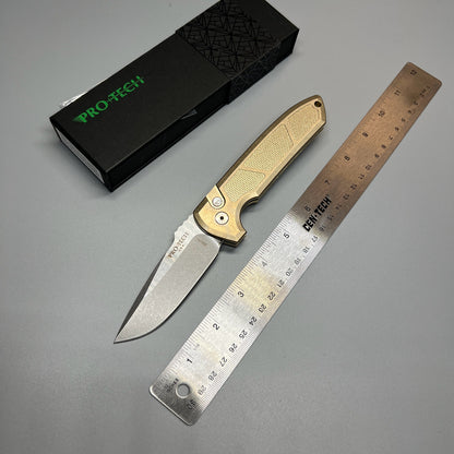 Pro-Tech LG334 Custom Les George Rockeye AUTO Folding Knife 3.375" S35VN Two-Tone Drop Point Blade, Textured Stonewashed Bronze Handles,